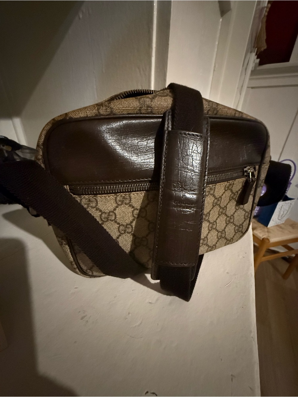 Gucci Beige Monogram Canvas Crossbody Bag with Brown Trim